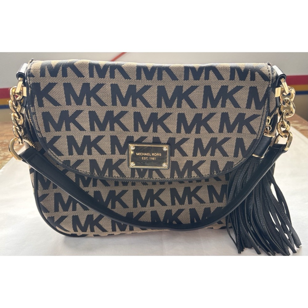 Michael Kors Jet Set Monogram Bag With Black leather Trim & Gold accents